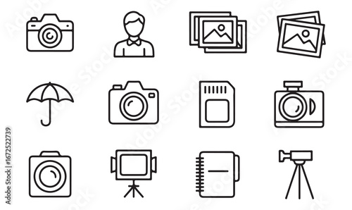 Various photography equipment icons such as cameras, lights, and tripods, perfect for photographers and media-related content.