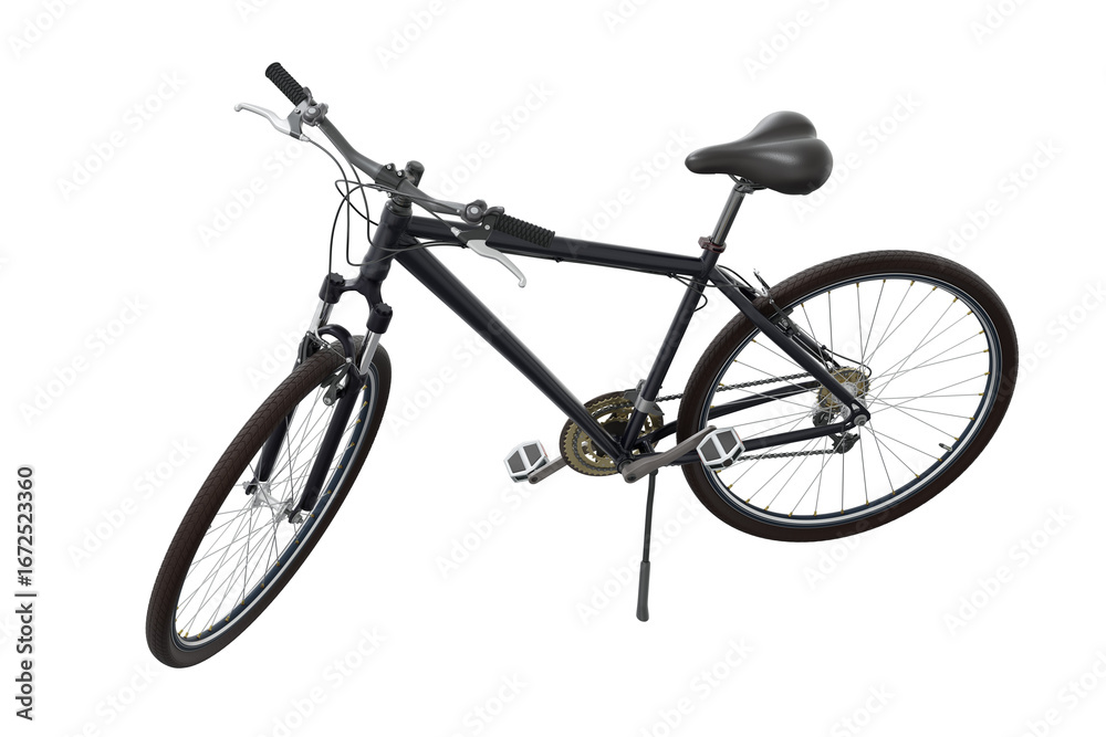 Fototapeta premium Black bicycle standing while leaning on kickstand, side top view. Bike resting on kick stand isolated on white background, 3D illustration