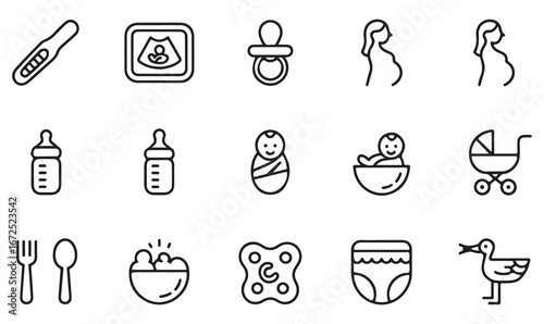 A set of line art icons featuring baby products and pregnancy items, perfect for parenting and infant care themes.