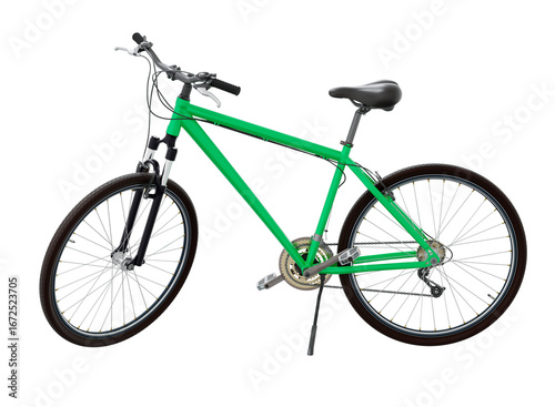 Green bicycle standing while leaning on kickstand, side front view. Bike resting on kick stand. Png clipart isolated on transparent background