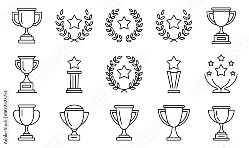 Line art symbols of awards and trophies representing competition and victory for achievement-related designs.