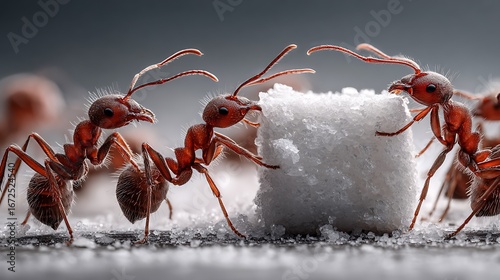 Ultra-realistic close-up of red ants eating a cube of white sugar, sharp details of ants’ bodies and textures, isolated on pure white background, professional macro photography style, high resolution