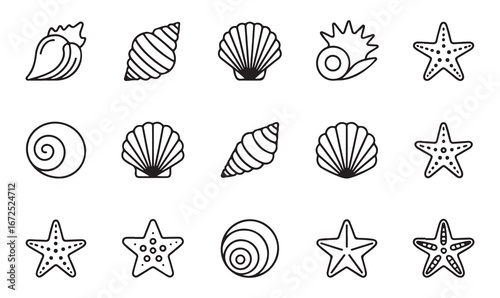 Set of ocean-themed illustrations featuring starfish and seashells, perfect for coastal decorations.
