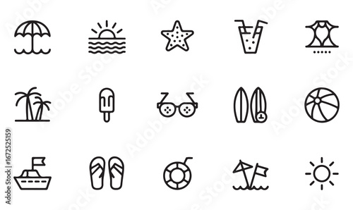 Summer holiday icons in line art, perfect for beach-themed products and travel illustrations.