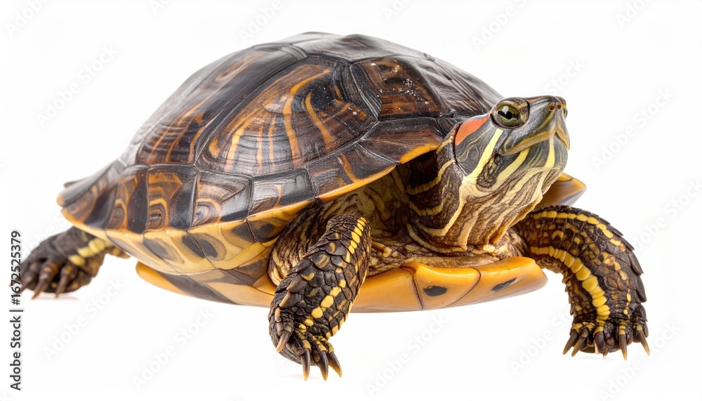 Fototapeta premium A vibrant red-eared slider turtle poses against a white background.