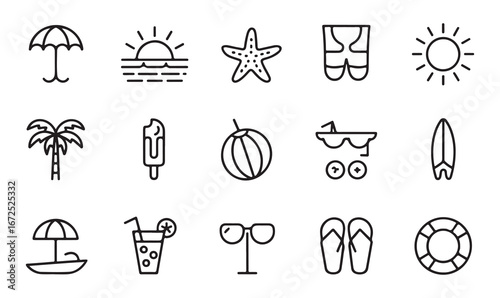 A set of line art icons depicting summer vacation essentials like sun, beach, and relaxation items.