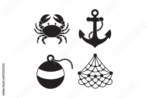 Nautical icons crab anchor buoy and fishing net