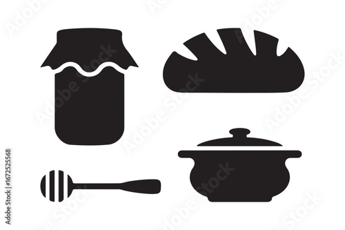 Simple silhouette icons of food and kitchenware