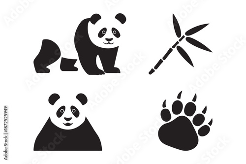 Four simple panda illustrations with bamboo and paw print
