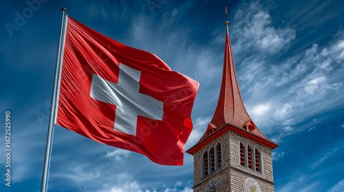 Switzerland flag waving with church steeple against a cloudy blue sky photography