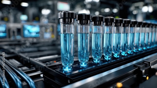 Close-up of test tubes with blue liquid in a high-tech lab, highlighting advanced genetic research and diagnostic technology.