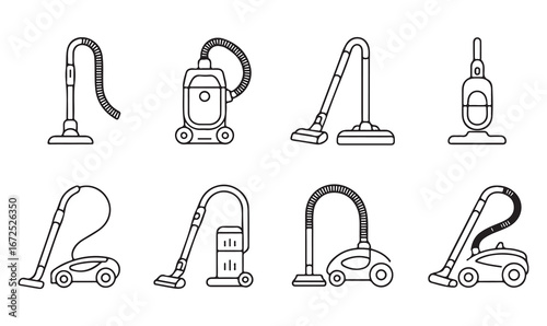 Various vacuum cleaner designs in line art, ideal for home appliances and cleaning tool catalogs.