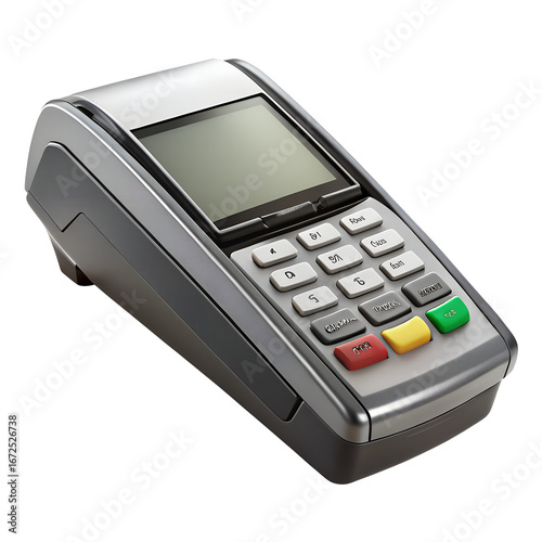 Modern silver and gray credit card terminal with numeric keypad and function buttons on black background