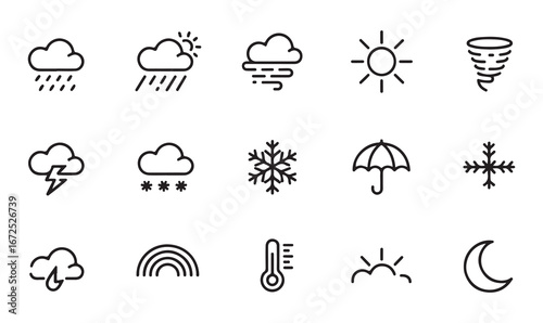 Weather-related icons illustrating rain, clouds, sunshine, and temperature for app design.