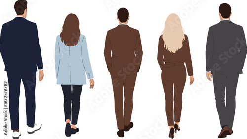 Business professionals walking back view, office attire characters, corporate team illustration, formal clothing vector, rear pose business concept