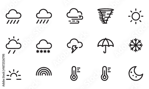 Set of line art weather icons showing various weather conditions like rain, snow, and sunshine.