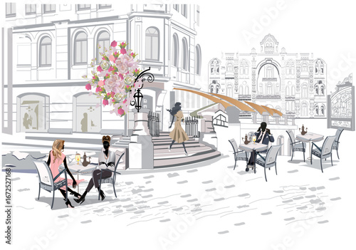 Fashion people in the restaurant. Street cafe in the old city. Girls drinking coffee at the table near the retro window. Hand drawn Vector Illustration. 