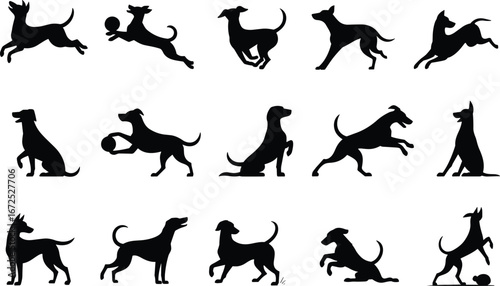 Silhouette illustration of playful dogs with balls, active pets jumping, running, playing fetch, perfect for pet design and decoration