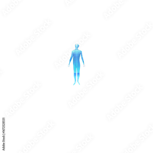 A solitary glowing blue human figure stands illuminated against a vast empty black background