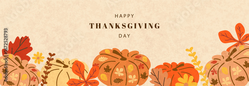Celebrate Thanksgiving with warm autumn colors, festive harvest elements.
A beautiful Thanksgiving greeting card featuring vibrant pumpkins and colorful autumn leaves.