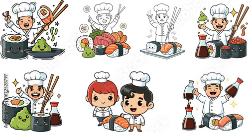 Cute sushi chef illustrations with sushi rolls, wasabi, soy sauce, and chopsticks for food designs