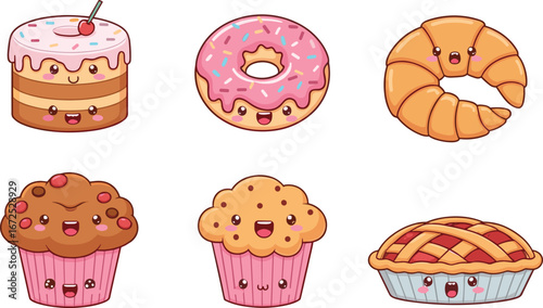 Cute cartoon cake, donut, croissant, muffins, and pie with kawaii faces, bakery desserts, sweet pastries, vector illustration