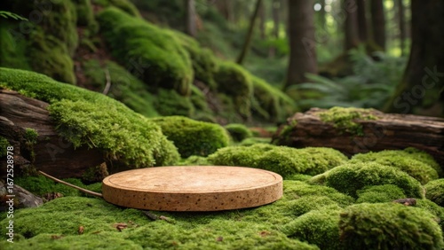 A natural wooden podium stands on a moss covered forest floor surrounded by lush green vegetation and ancient trees