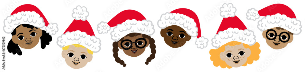 Fototapeta premium cartoon illustration of group of six diverse children wearing santa hats on a transparent background