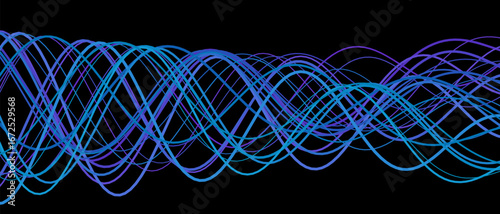 Dynamic vector tech background with interwoven blue and purple waves on black.