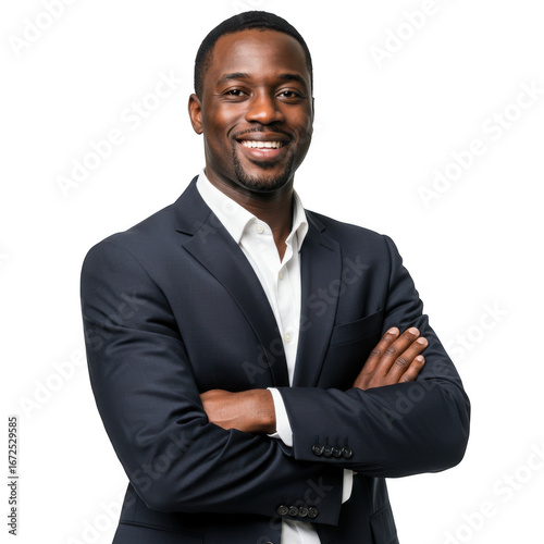 Smiling black man wearing a dark suit and white shirt with arms crossed confidently isolated on transparent background