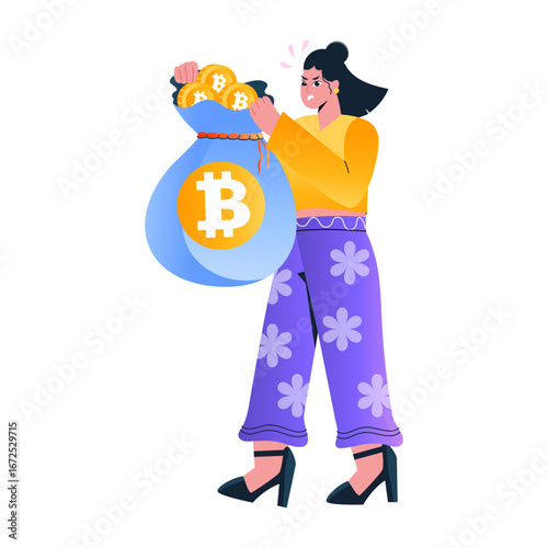 A flat style illustration showing a character holding coin bag