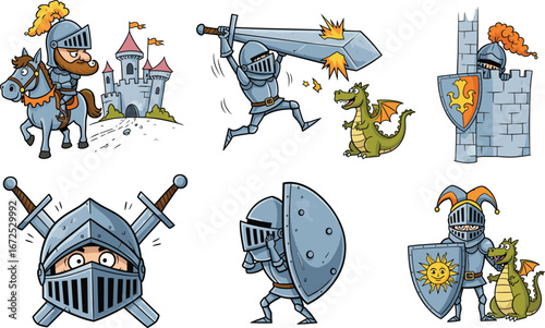 Medieval knight cartoon illustration, fantasy dragon battle, castle defense, heroic warrior, shield sword fight, fairytale adventure