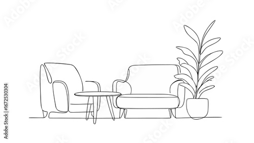 one line  art drawing of armchair on with white background