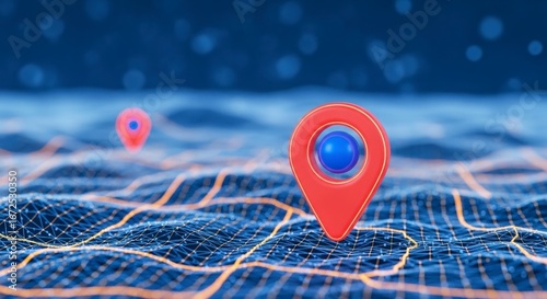 Red Location Pin on Blue Digital Grid with Network Lines