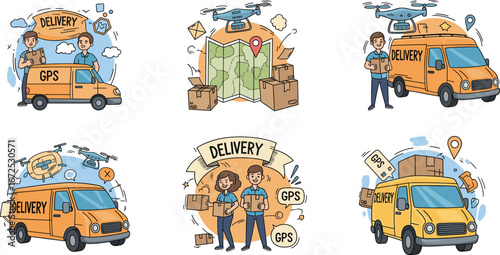 Delivery service illustration, courier van with GPS, drone package shipping, logistics technology, fast parcel transportation, modern distribution network