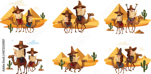 Cartoon travelers on camels, desert pyramid adventure, ancient Egypt exploration, tourist journey, map navigation, cultural travel