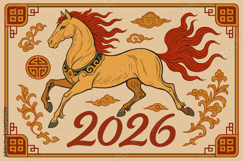 2026. Chinese Year of the Horse. Red fiery horse, symbol of year 2026. Bright poster in eastern style