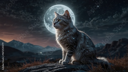 A magical fantasy cat glowing under moonlight with crystal-like fur, embodying mystery and magic.