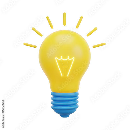 3d icon of bright yellow light bulb with blue base isolated on transparent background