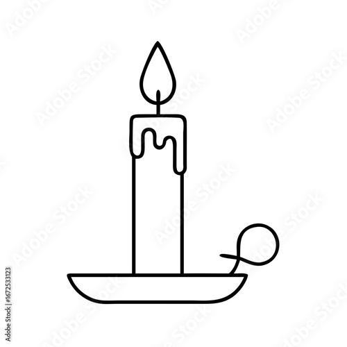 Vector line art illustration of a burning candle in a holder for graphic design projects