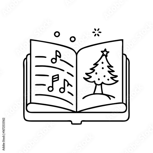 Christmas carol book with tree illustration vector, holiday music notes and winter scene drawing