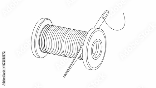 3d one line art drawing of sewing needle on white background
