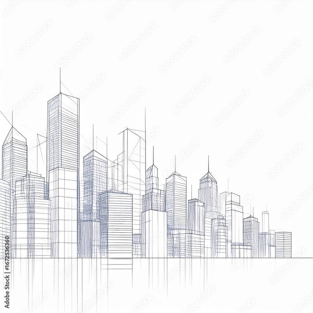 Obraz premium Minimalist Cityscape Skyline with White Background and Geometric Line Illustration