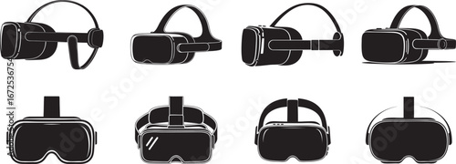 Virtual Reality VR Headset Goggles vector Set – Futuristic Gaming, Metaverse, and Augmented Reality Technology