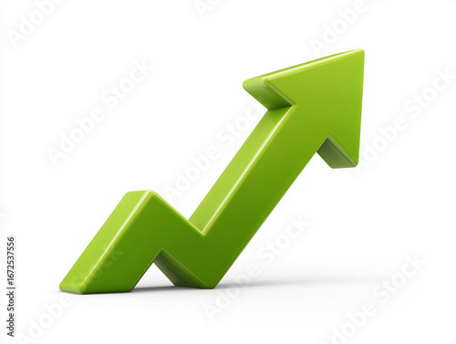 Chunky green arrow pointing up with soft shadow, 3D render