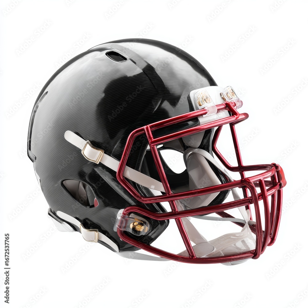 Fototapeta premium A close-up shot of a sleek, modern football helmet with a dark, glossy finish, showcasing the protective grill and other features. The helmet appears brand new and ready for action