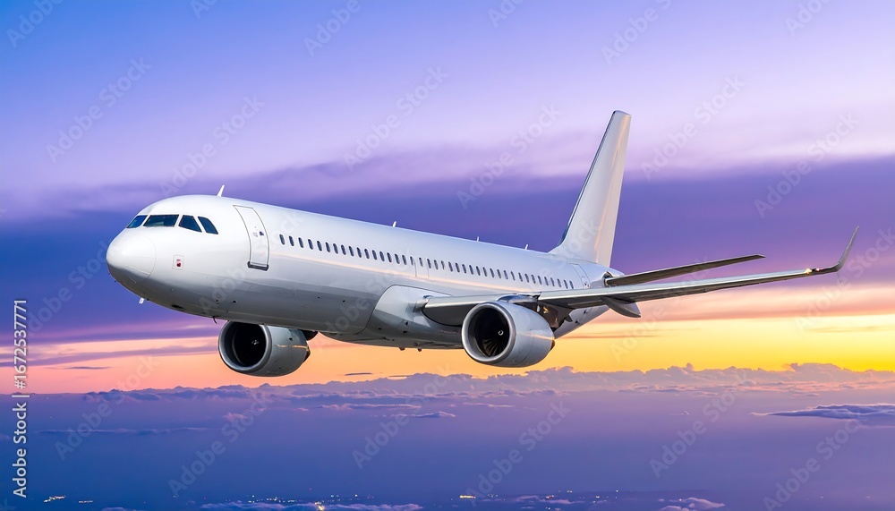 Airplane flying through a beautiful sunset sky with vibrant colors.
