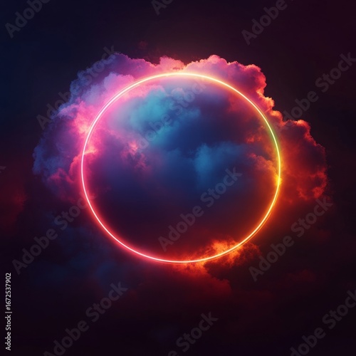 3d render, colorful neon glowing circle inside vibrant fluffy clouds on dark background, abstract illustration