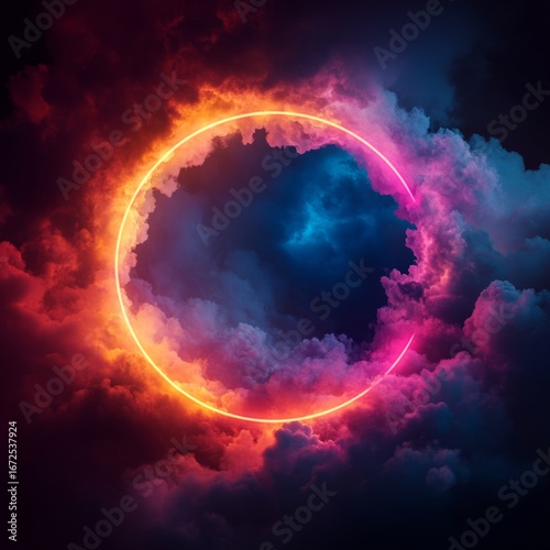 3d render, colorful neon glowing circle inside vibrant fluffy clouds on dark background, abstract illustration
