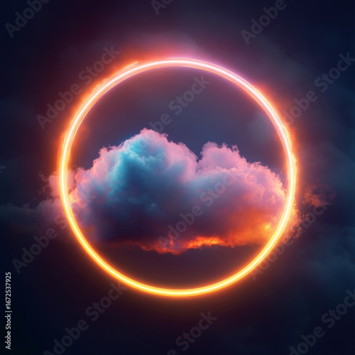 3d render, colorful neon glowing circle inside vibrant fluffy clouds on dark background, abstract illustration
